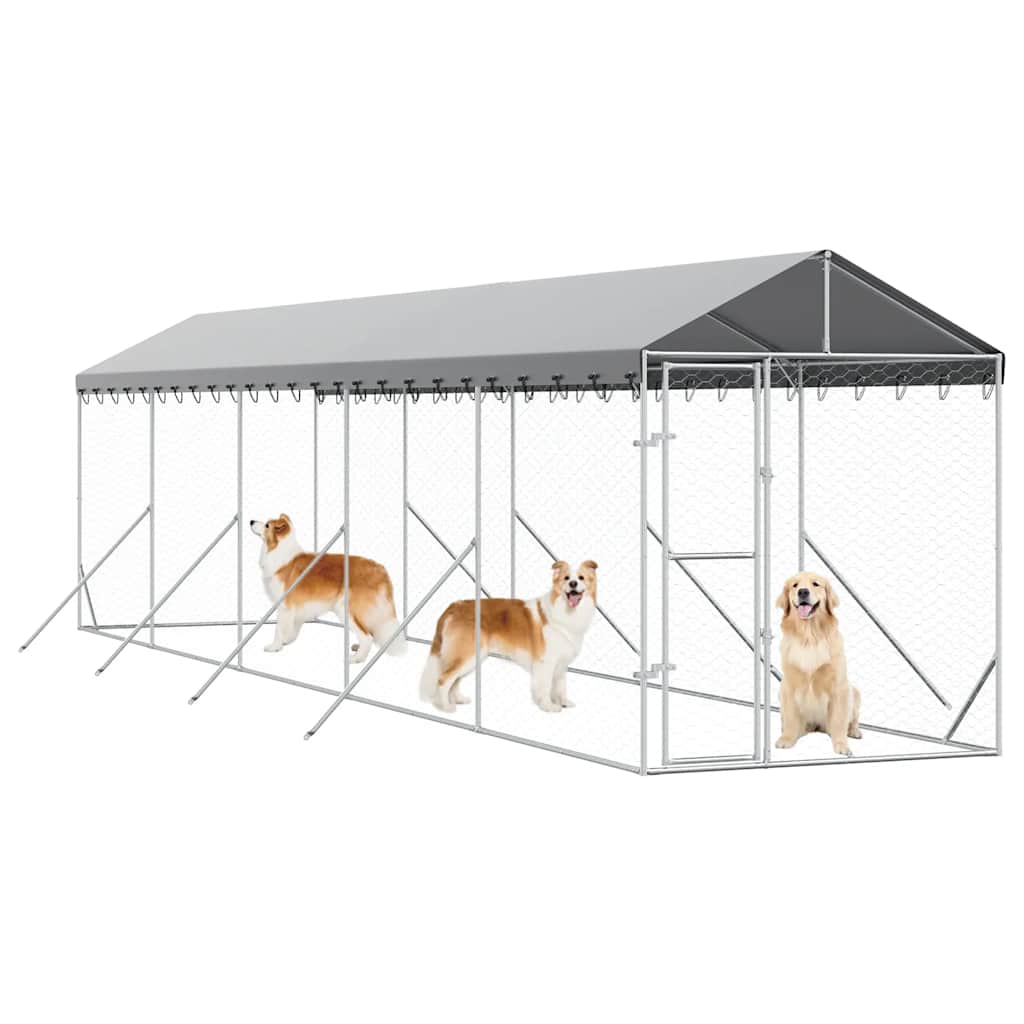 Cuccia Cani da Esterno Tetto Argento 2x10x2,5 m Acciaio Zincato