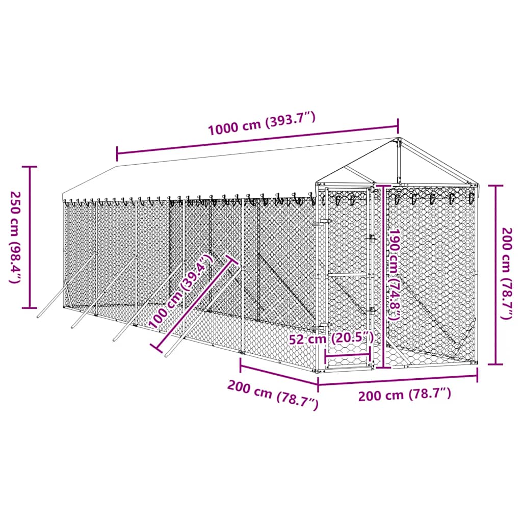 Cuccia Cani da Esterno Tetto Argento 2x10x2,5 m Acciaio Zincato
