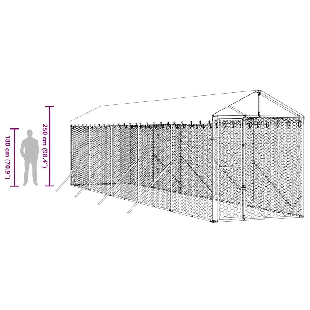 Cuccia Cani da Esterno Tetto Argento 2x10x2,5 m Acciaio Zincato