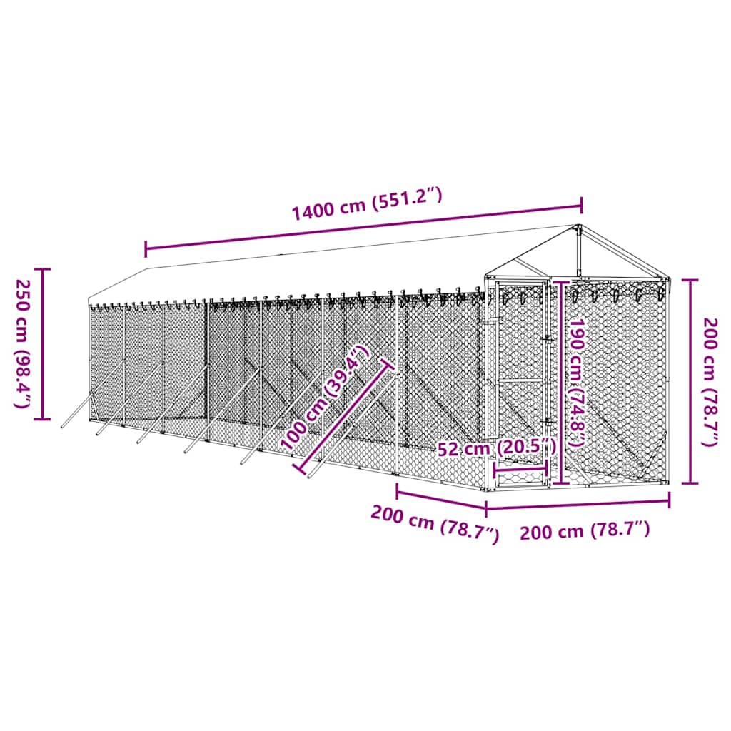 Cuccia Cani da Esterno Tetto Argento 2x14x2,5 m Acciaio Zincato