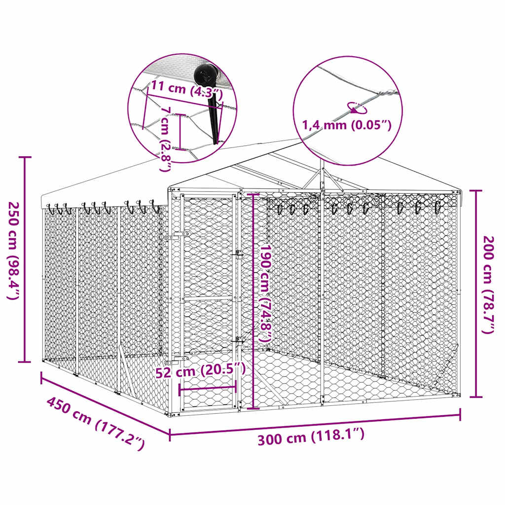 Cuccia Cani da Esterno Tetto Argento 3x4,5x2,5m Acciaio Zincato