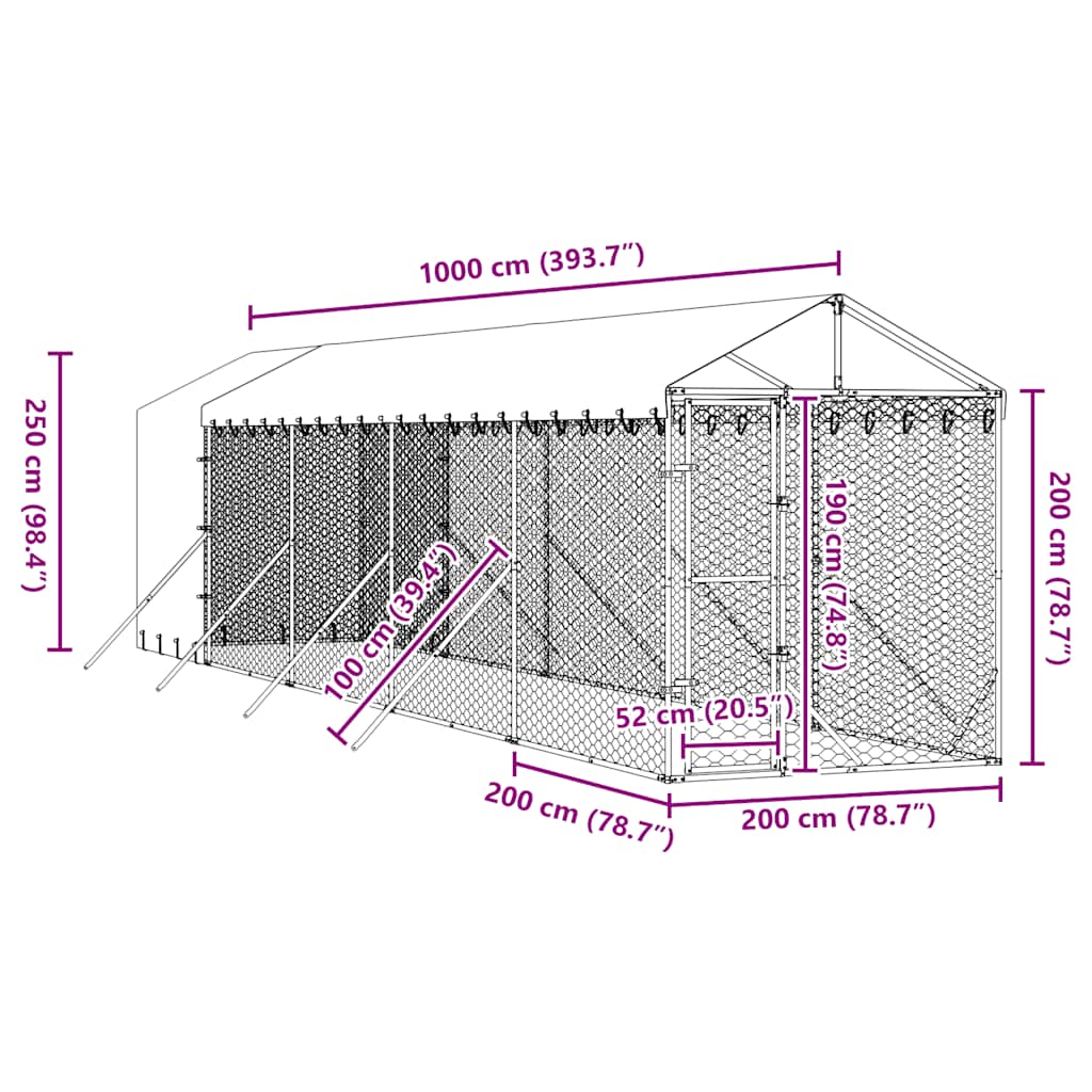 Cuccia Cani da Esterno Tetto Argento 2x10x2,5 m Acciaio Zincato