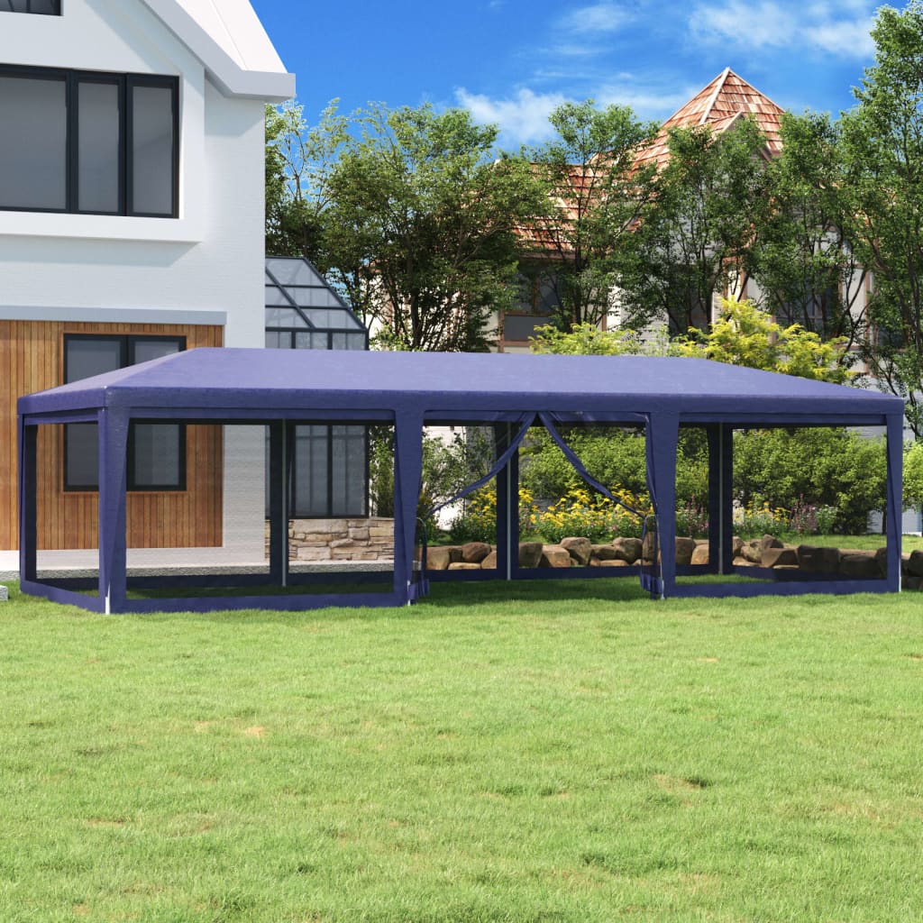 Tenda per Feste con 8 Pareti Laterali in Rete Blu 9x4 m HDPE