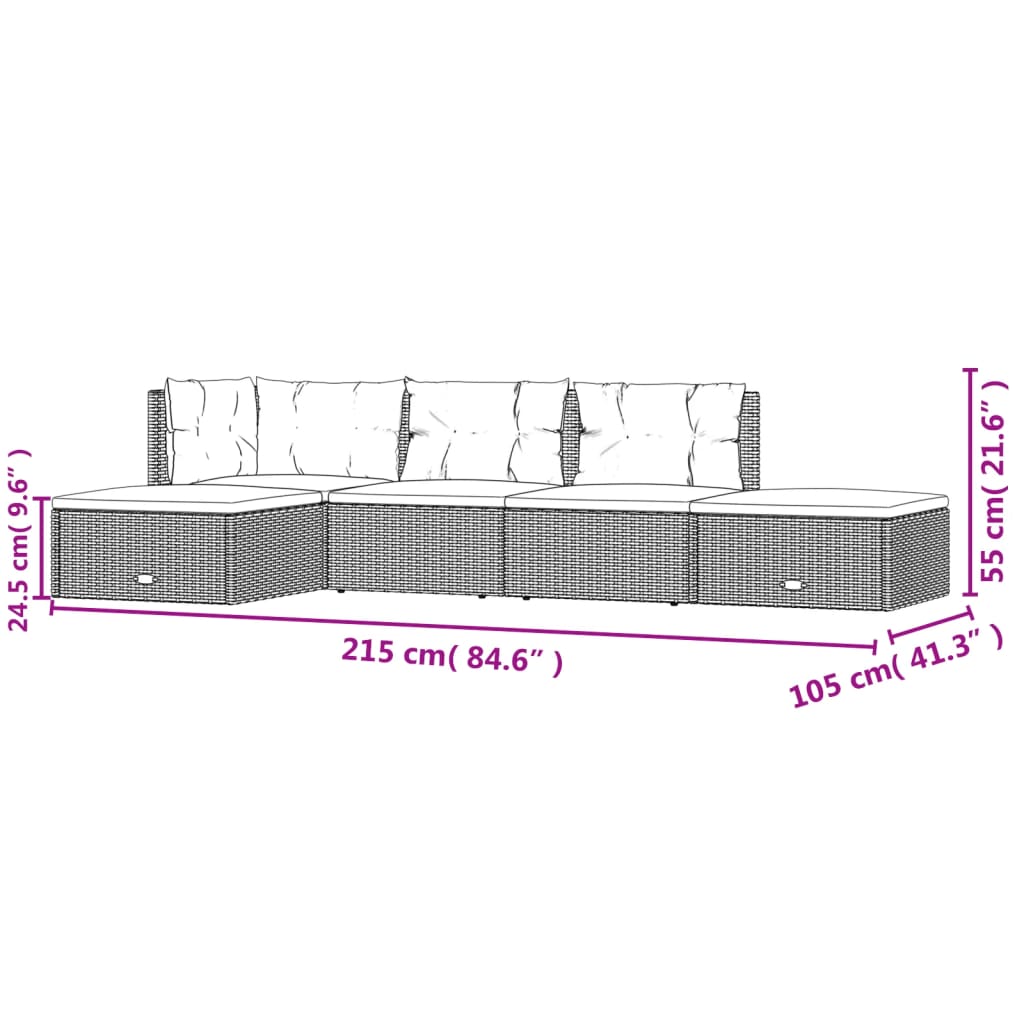 Set Divani da Giardino 5 pz con Cuscini Nero in Polyrattan