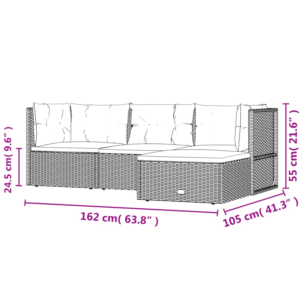 Set Divani da Giardino 4 pz con Cuscini Nero in Polyrattan