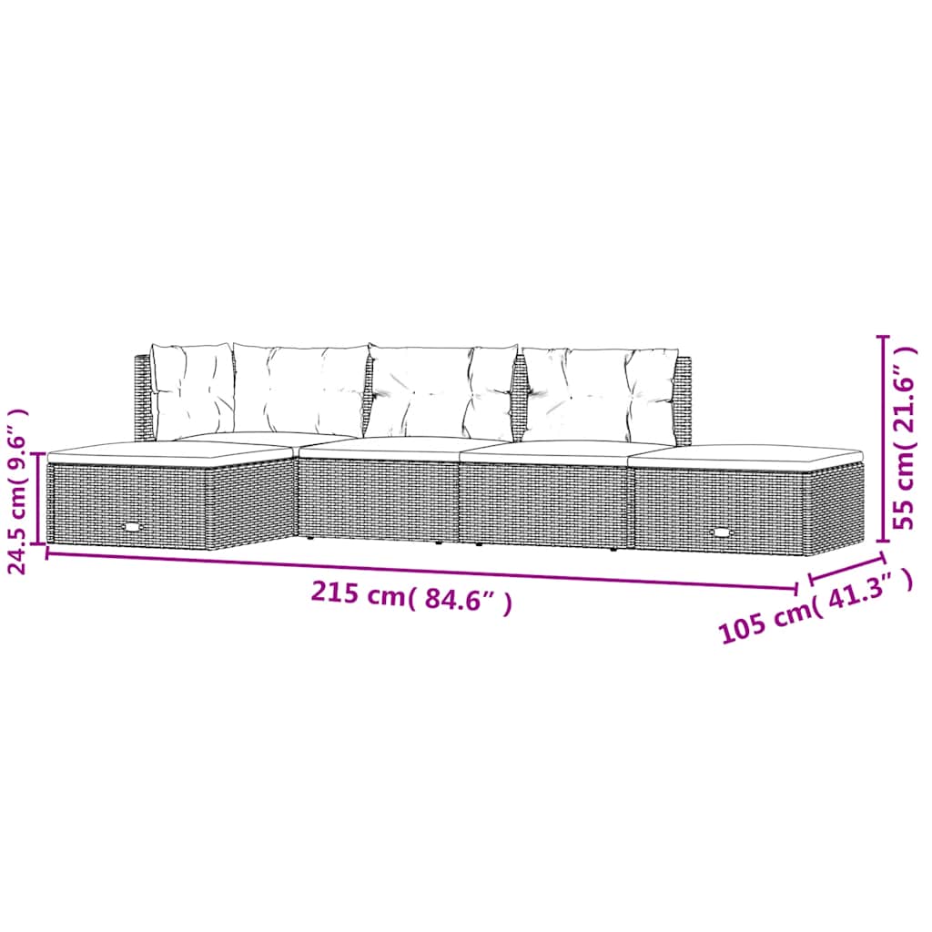 Set Divani da Giardino 5 pz con Cuscini in Polyrattan Grigio