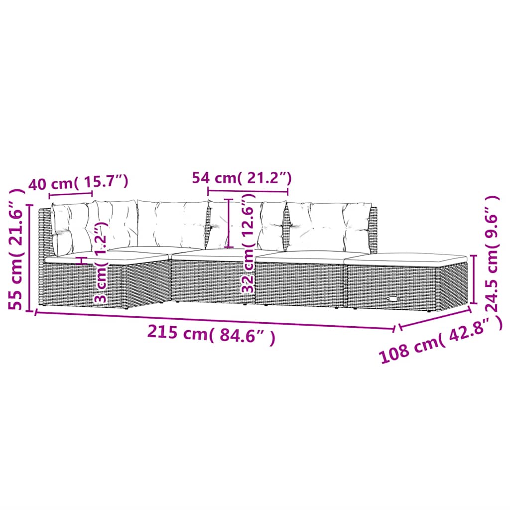 Set Divani da Giardino 5 pz con Cuscini in Polyrattan Grigio