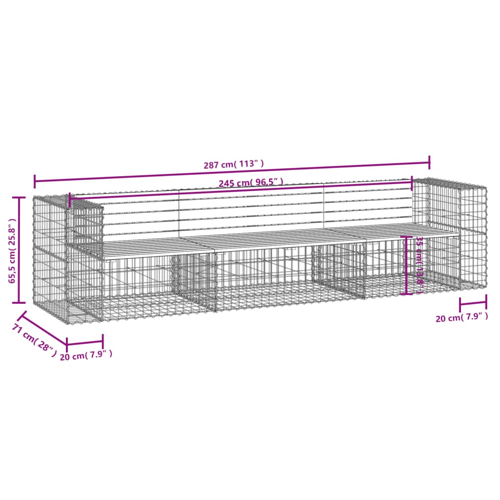 Panca da Giardino Design Gabbione 287x71x65,5cm Pino Impregnato