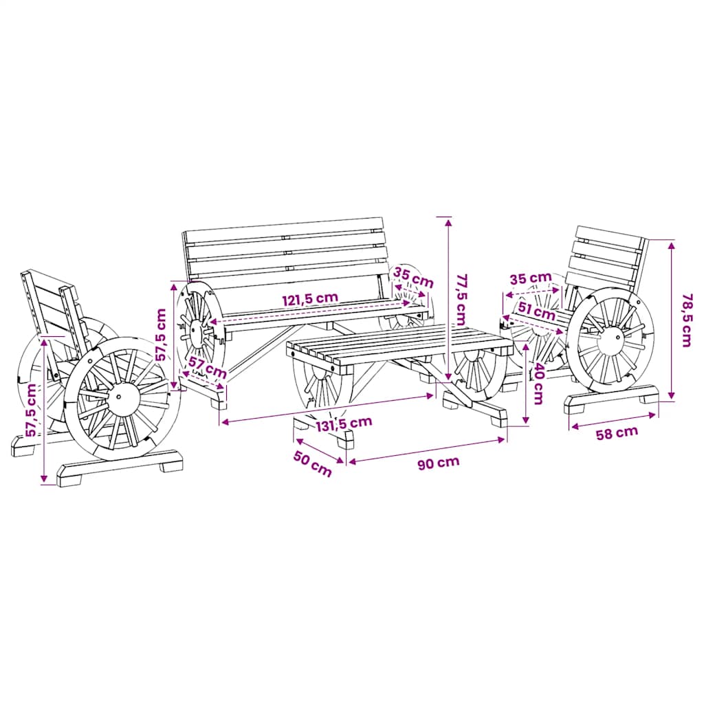 Set Salotto da Giardino 4 pz in Legno Massello di Abete