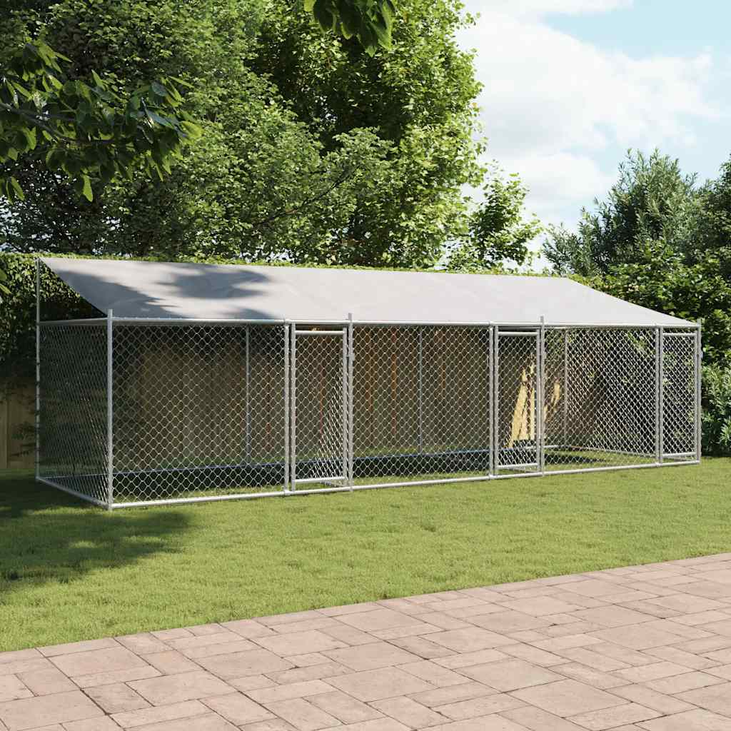 Gabbia Cani con Tetto e Porte Grigia 6x2x2 m in Acciaio Zincato
