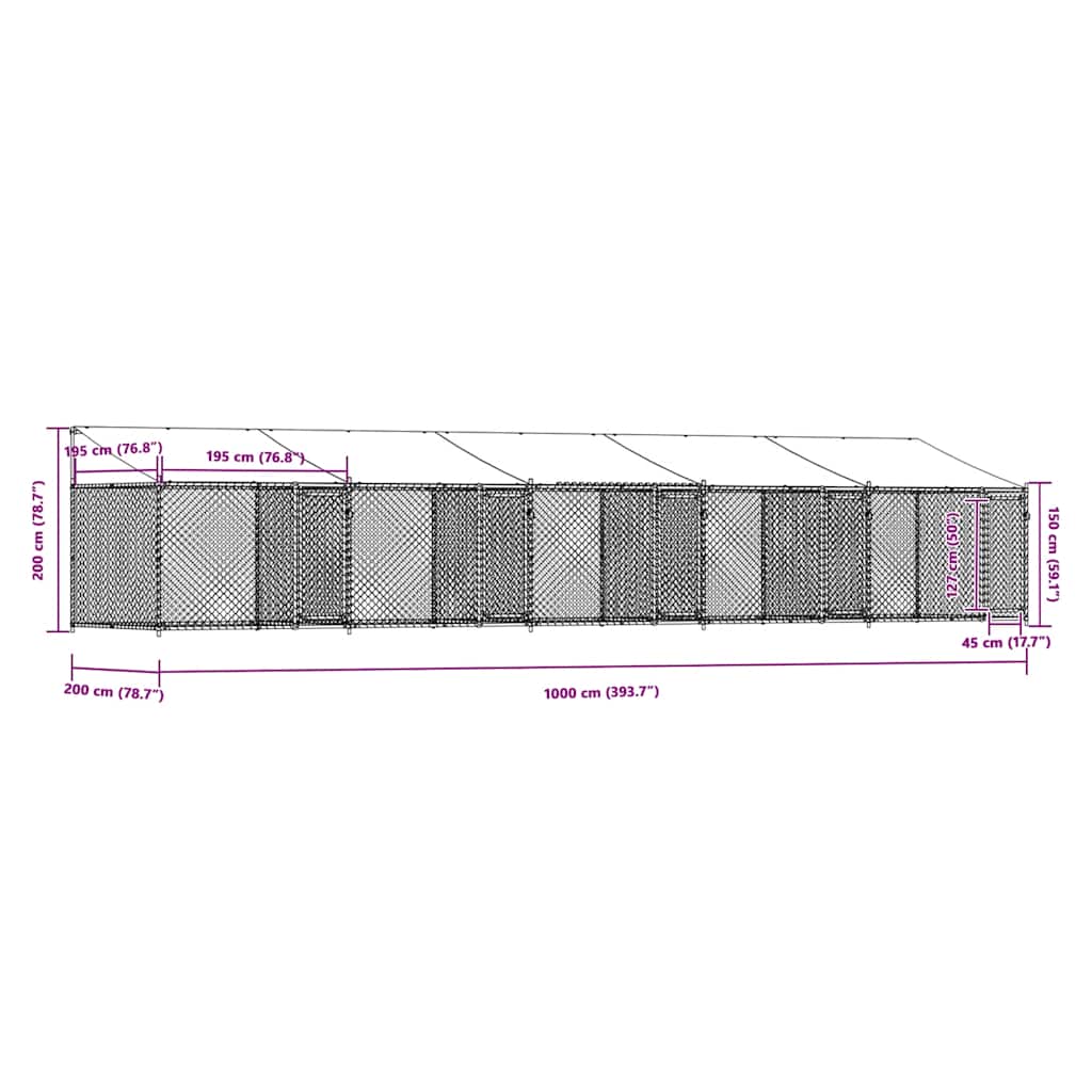 Gabbia Cani con Tetto e Porte Grigia 10x2x2 m Acciaio Zincato