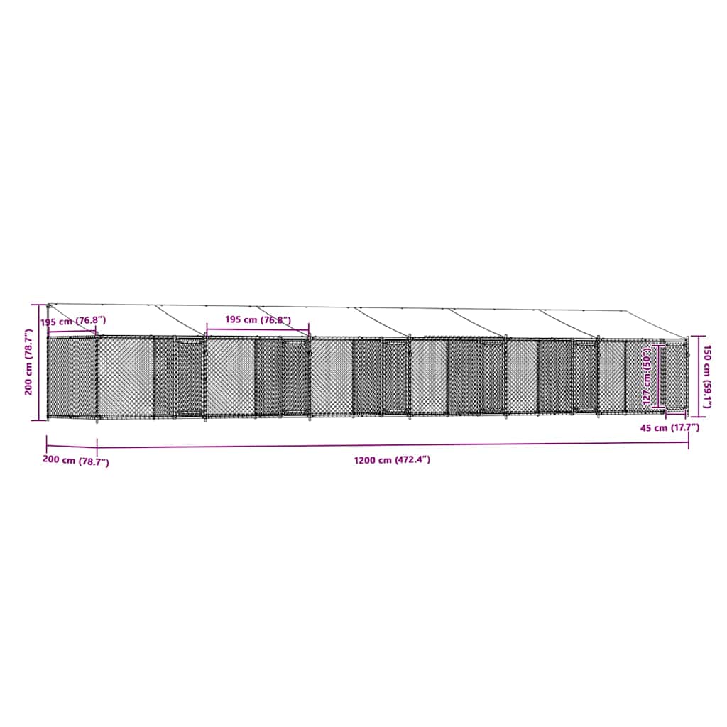 Gabbia Cani con Tetto e Porte Grigia 12x2x2 m Acciaio Zincato
