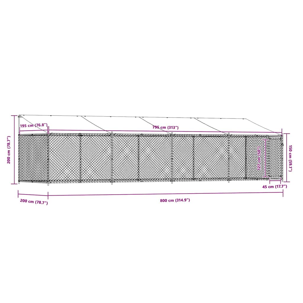 Gabbia Cani con Tetto e Porta Grigia 8x2x2 m in Acciaio Zincato