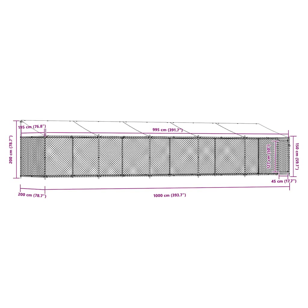 Gabbia Cani con Tetto e Porta Grigia 10x2x2 m Acciaio Zincato