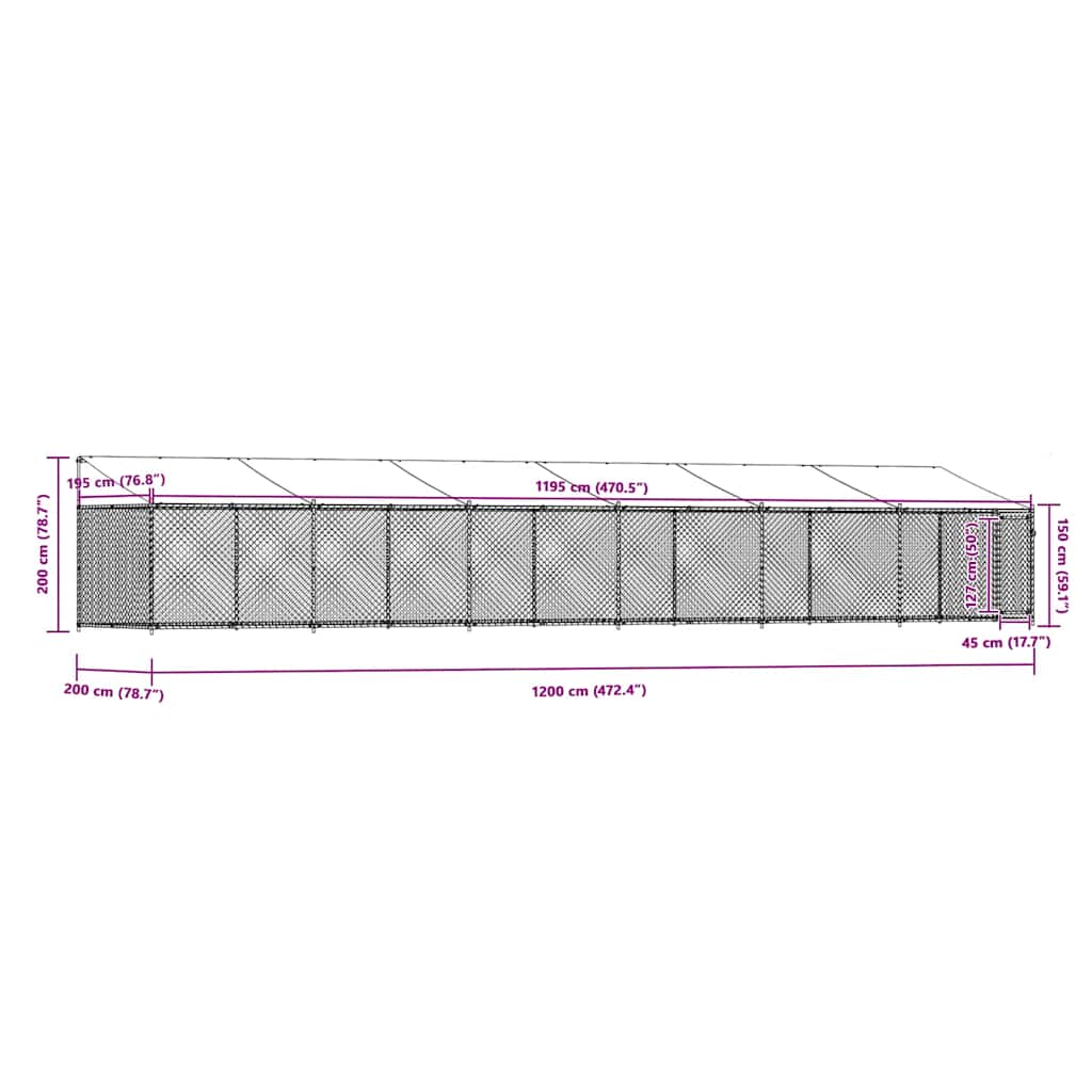 Gabbia Cani con Tetto e Porta Grigia 12x2x2 m Acciaio Zincato