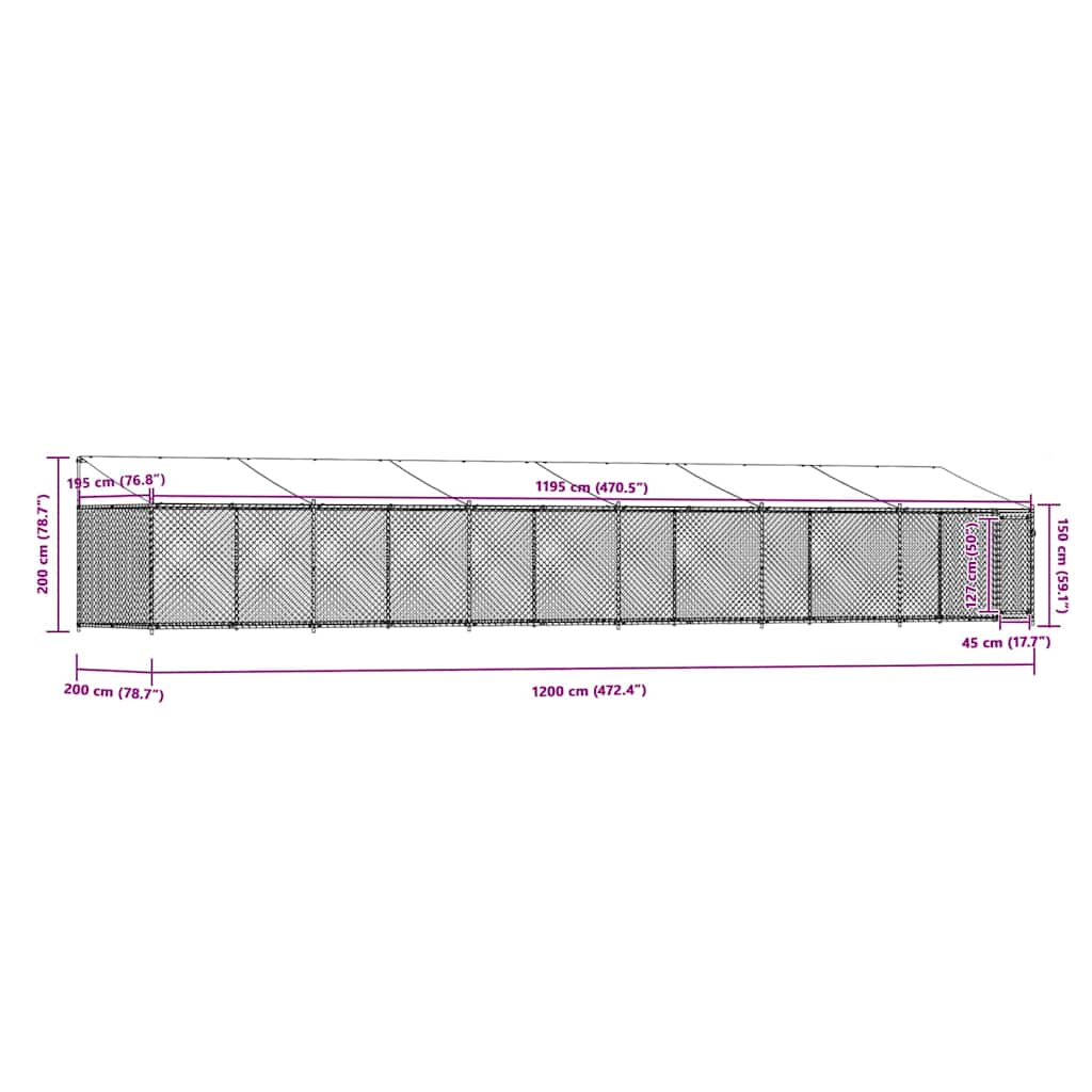 Gabbia Cani con Tetto e Porta Grigia 12x2x2 m Acciaio Zincato