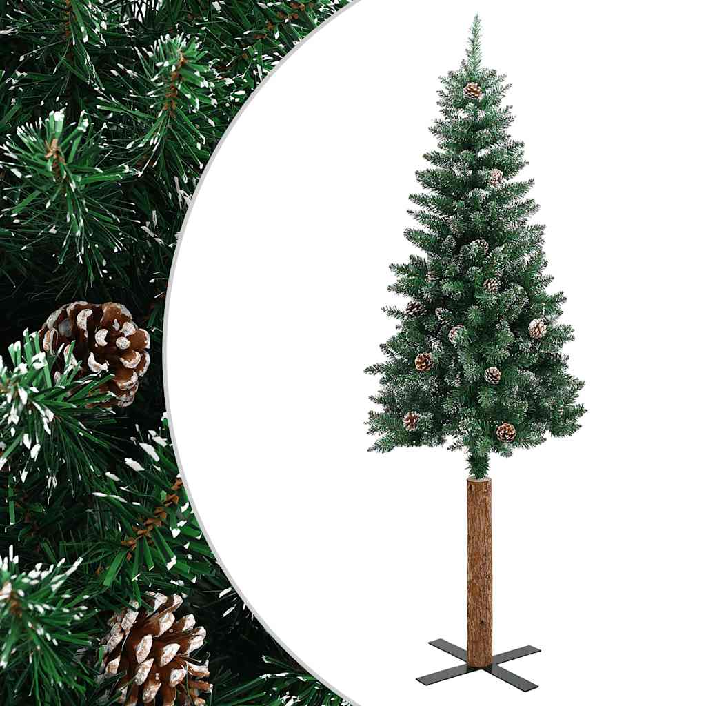 Albero di Natale Sottile con Legno Vero e Neve Verde 210 cm