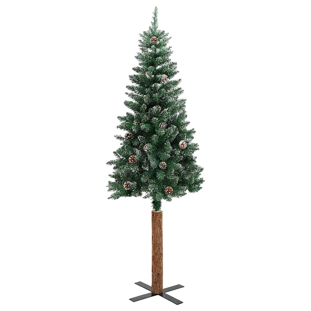 Albero di Natale Sottile con Legno Vero e Neve Verde 210 cm