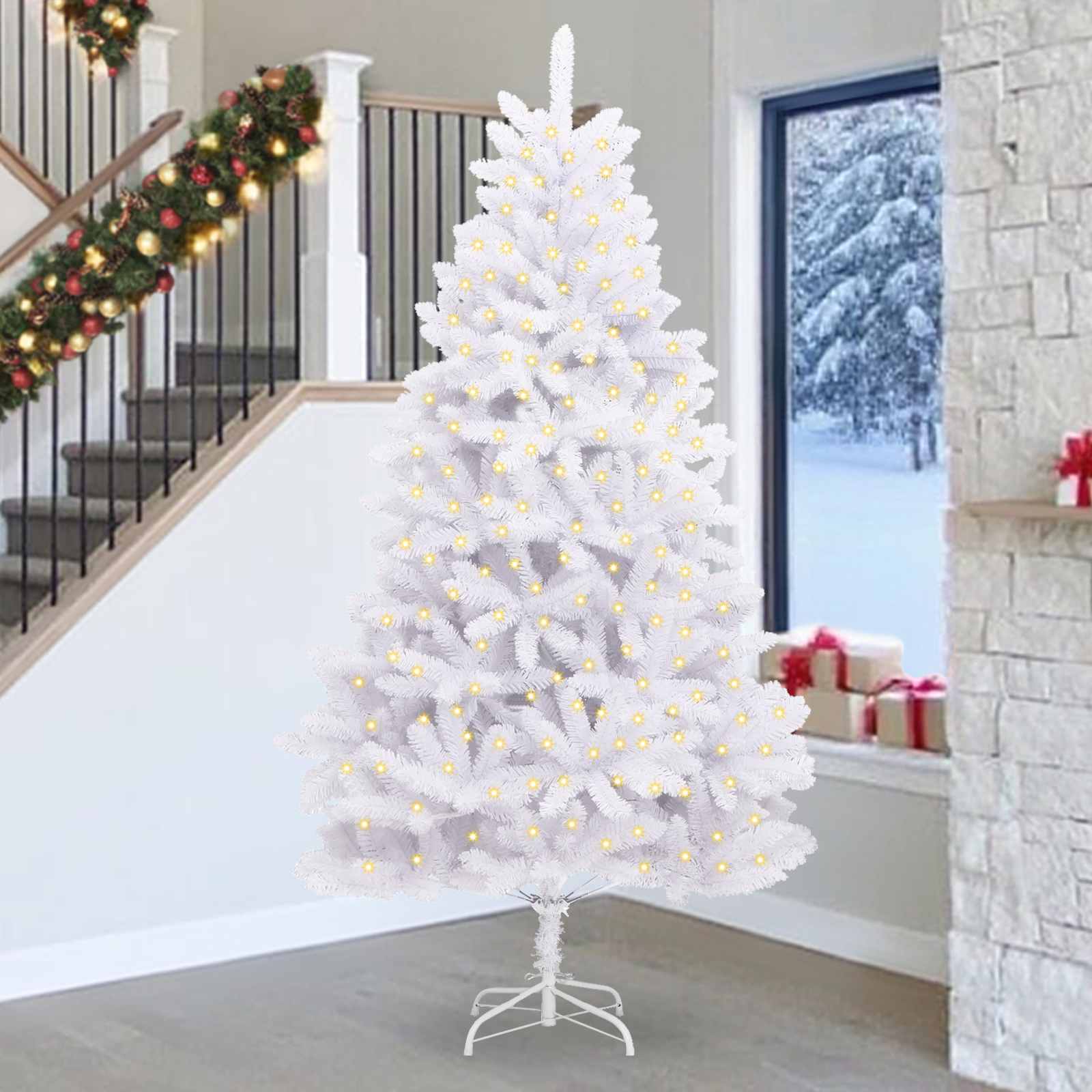 Albero di Natale artificiale 300 LED PVC e Acciaio Bianco