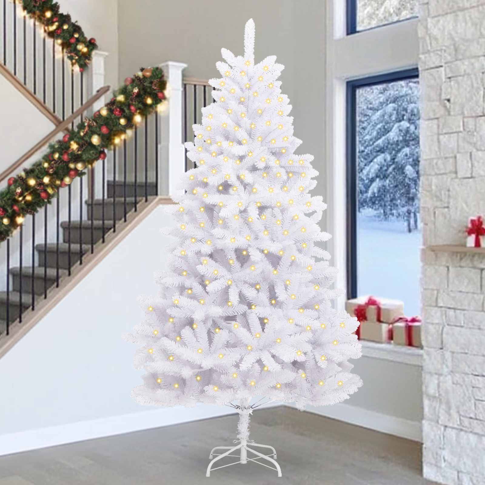 Albero di Natale artificiale 300 LED PVC e Acciaio Bianco