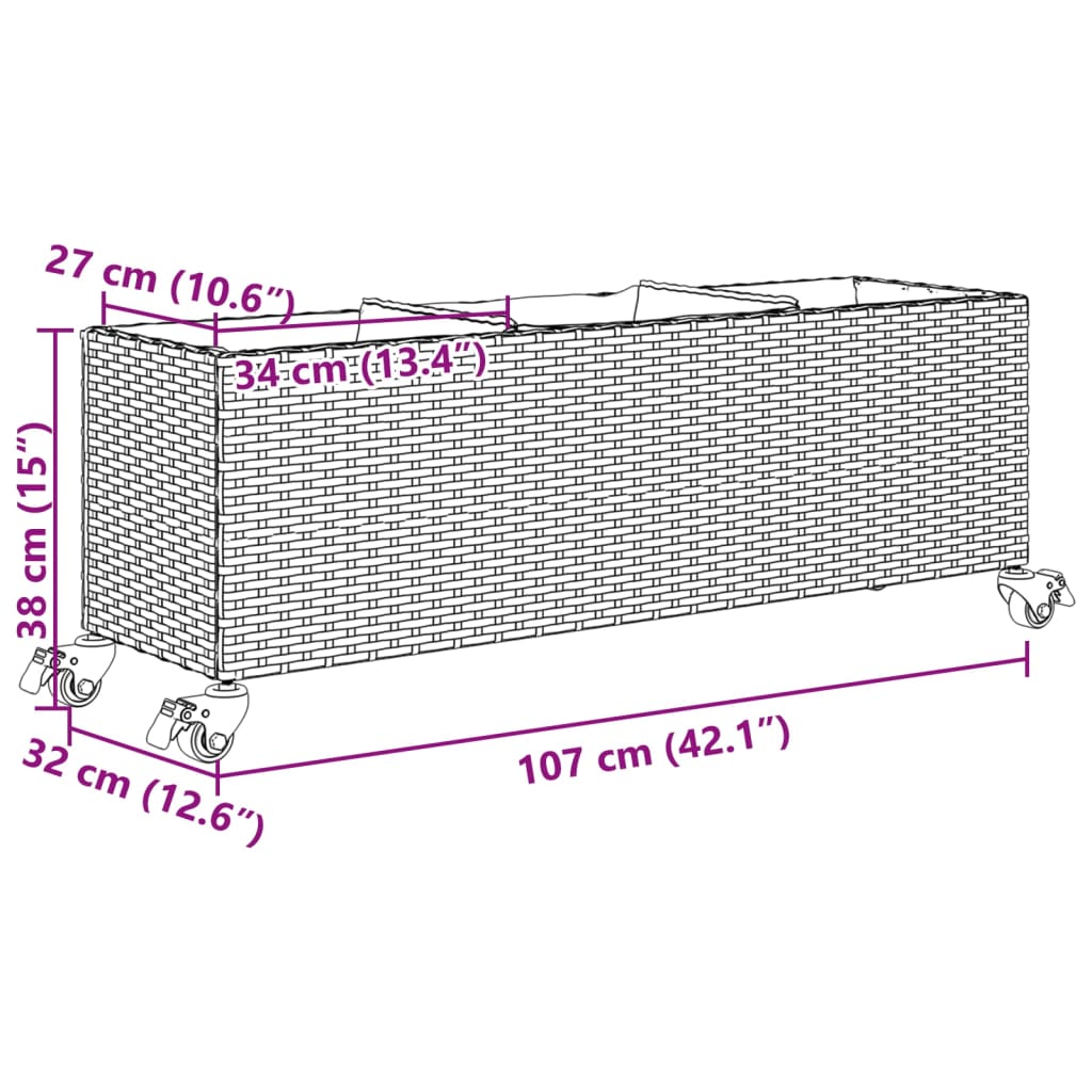 Fioriere da Giardino con Ruote 2pz Nere 107x32x38 cm Polyrattan