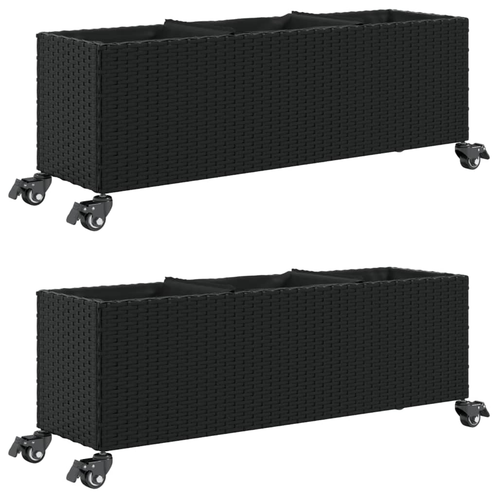 Fioriere da Giardino con Ruote 2pz Nere 107x32x38 cm Polyrattan