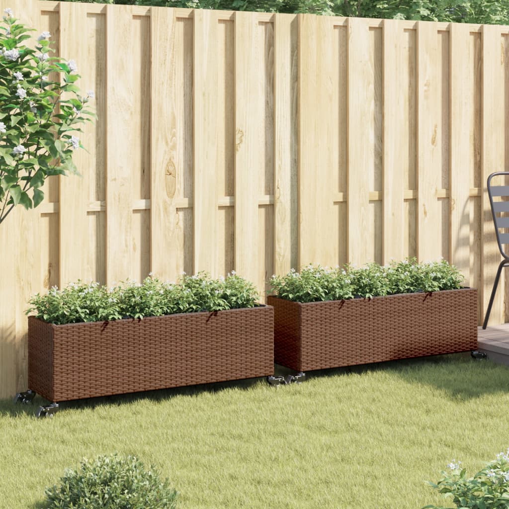 Fioriere da Giardino Ruote 2pz Marrone 107x32x38 cm Polyrattan