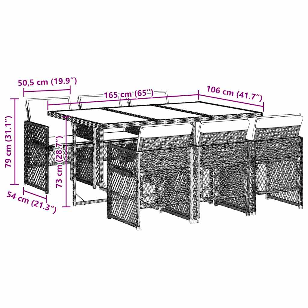 Set da Pranzo da Giardino 7 pz con Cuscini in Polyrattan Grigio