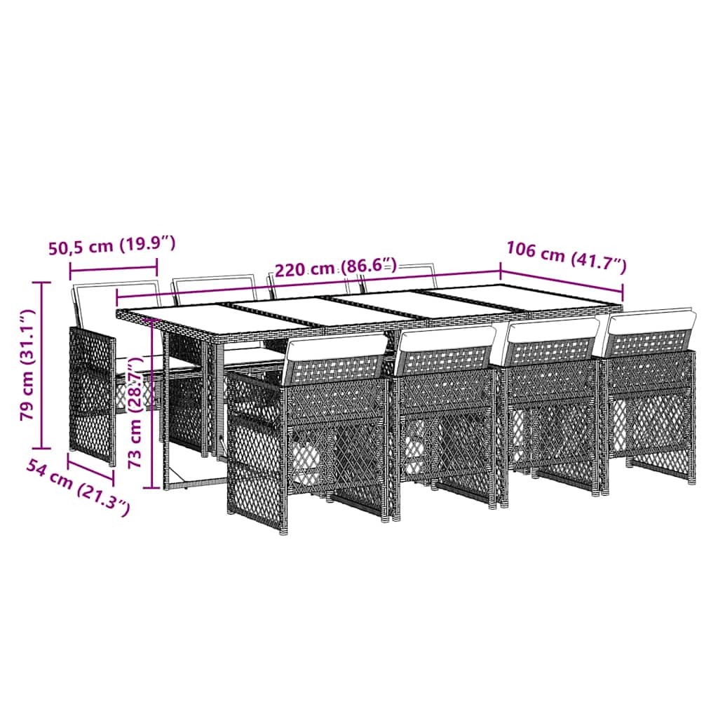 Set Pranzo da Giardino 9pz con Cuscini Grigio Chiaro Polyrattan