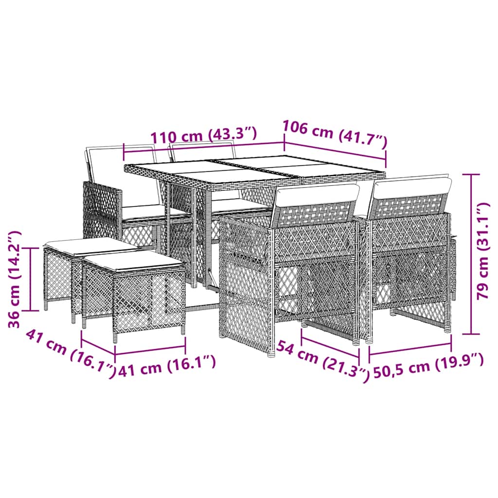 Set da Pranzo da Giardino 9 pz con Cuscini Beige in Polyrattan
