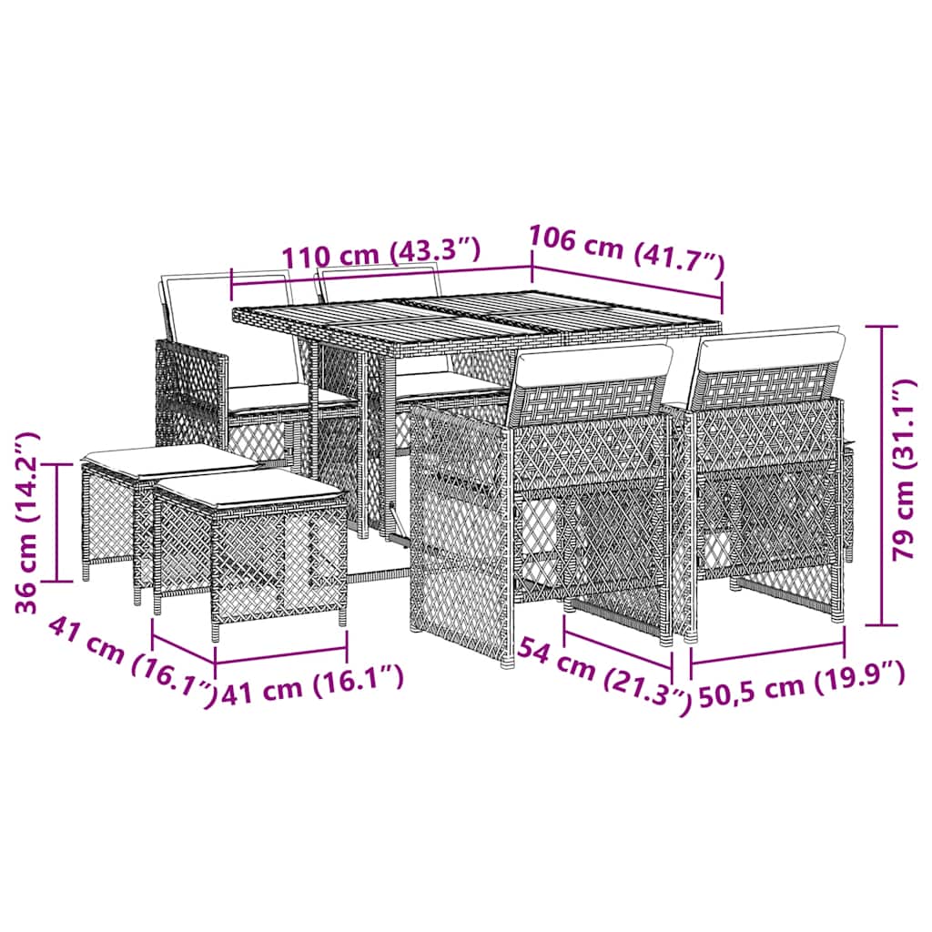 Set da Pranzo da Giardino 9 pz con Cuscini Beige in Polyrattan