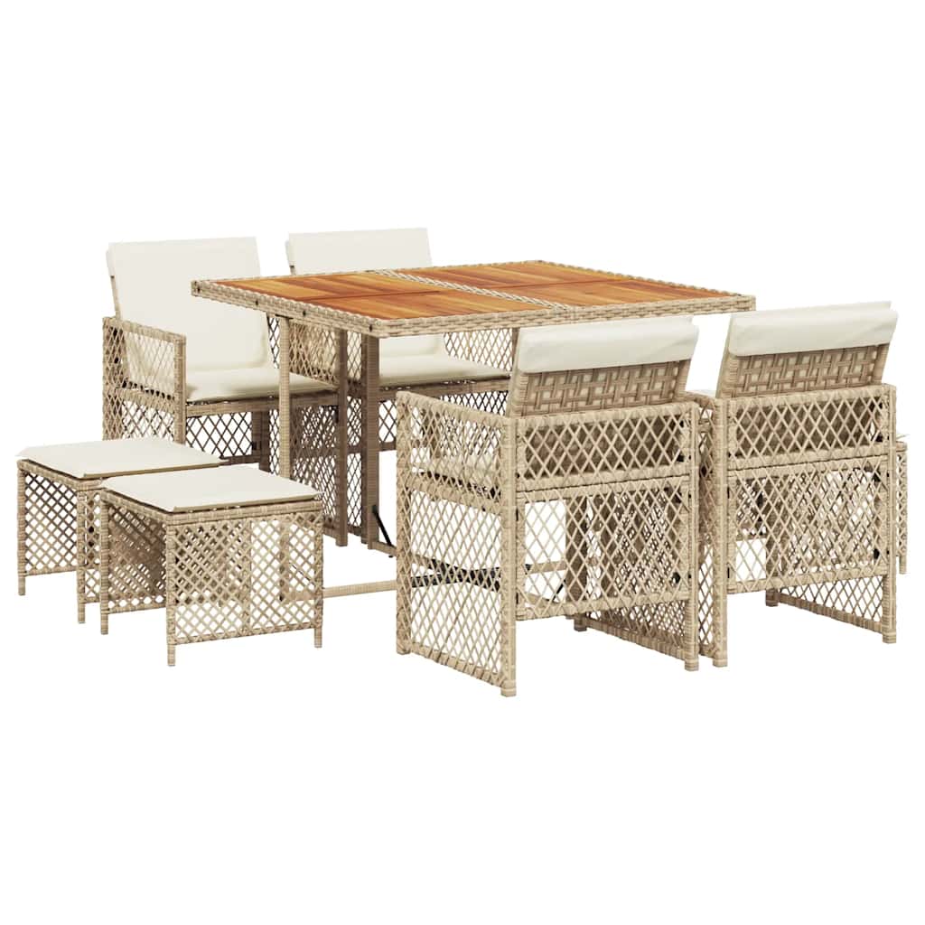Set da Pranzo da Giardino 9 pz con Cuscini Beige in Polyrattan