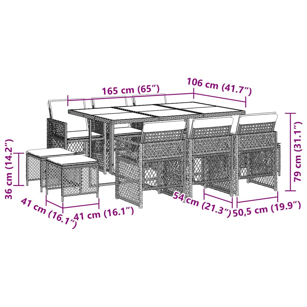 Set da Pranzo da Giardino 11 pz con Cuscini in Polyrattan Nero