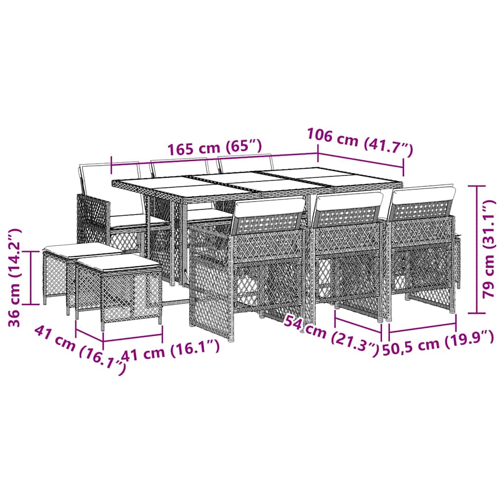 Set da Pranzo da Giardino 11 pz con Cuscini Polyrattan Marrone
