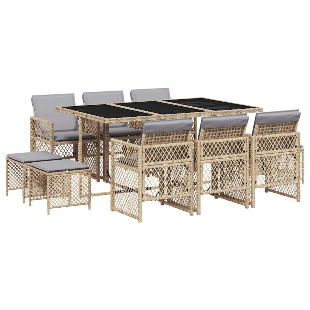Set da Pranzo da Giardino 11 pz con Cuscini Beige in Polyrattan