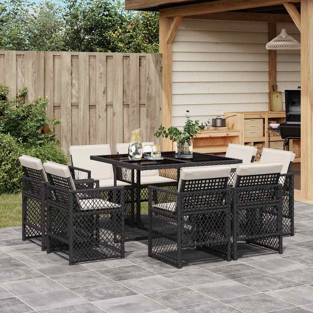 Set da Pranzo da Giardino 9 pz con Cuscini Nero in Polyrattan