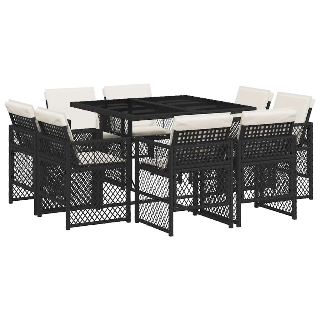 Set da Pranzo da Giardino 9 pz con Cuscini Nero in Polyrattan