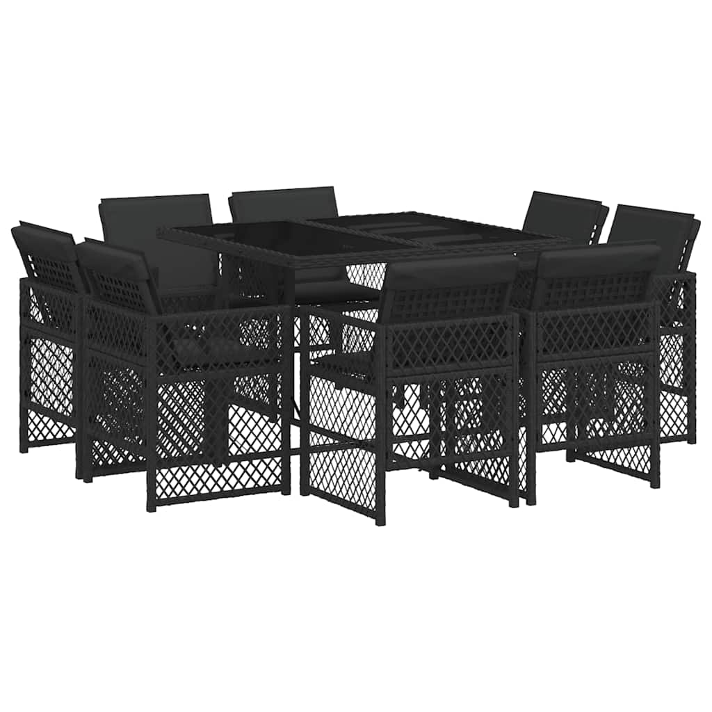 Set da Pranzo da Giardino 9 pz con Cuscini Nero in Polyrattan