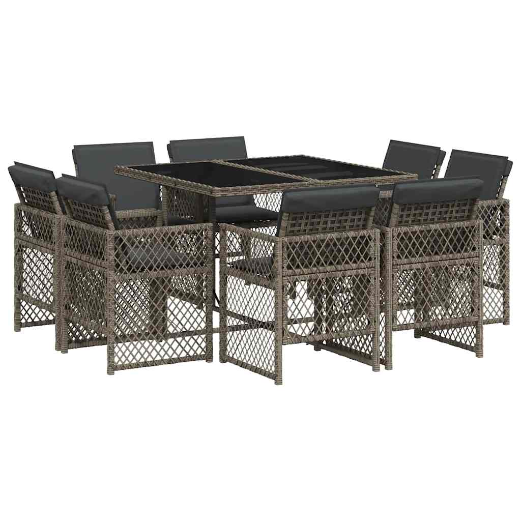 Set da Pranzo da Giardino 9 pz con Cuscini in Polyrattan Grigio
