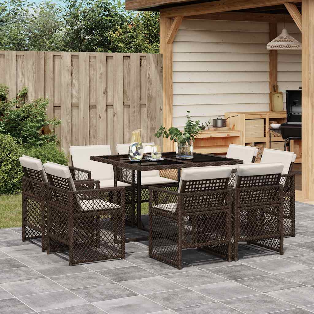 Set da Pranzo da Giardino 9pz con Cuscini Marrone in Polyrattan