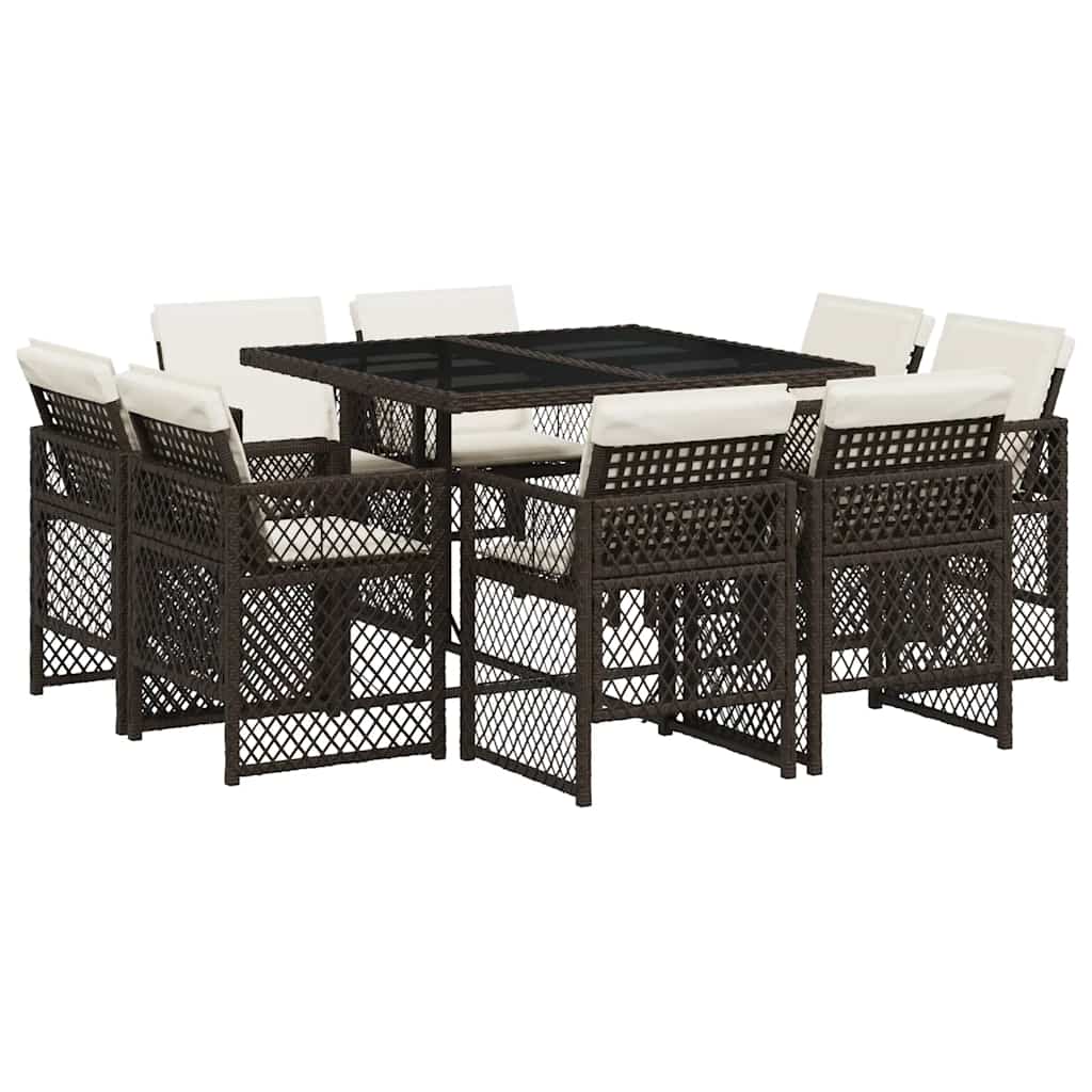 Set da Pranzo da Giardino 9pz con Cuscini Marrone in Polyrattan