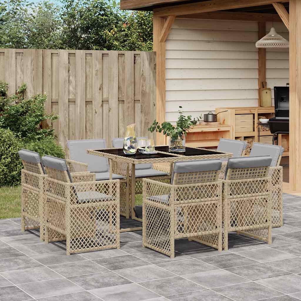 Set Pranzo da Giardino 9 pz con Cuscini Beige Misto Polyrattan