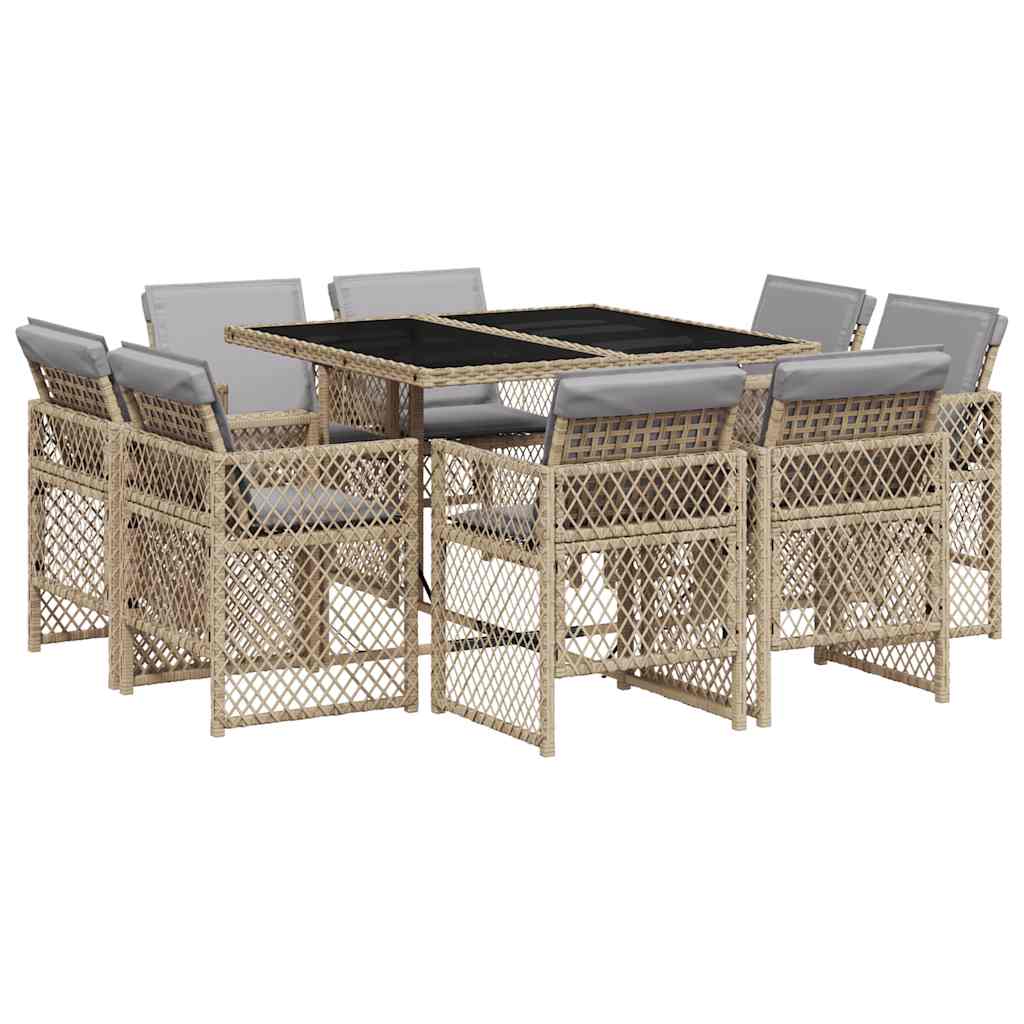 Set Pranzo da Giardino 9 pz con Cuscini Beige Misto Polyrattan