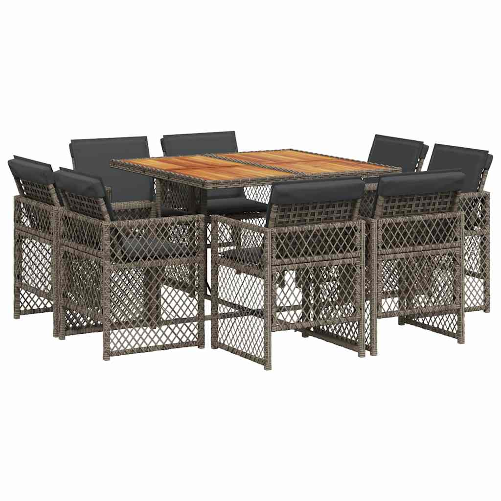 Set da Pranzo da Giardino 9 pz con Cuscini in Polyrattan Grigio
