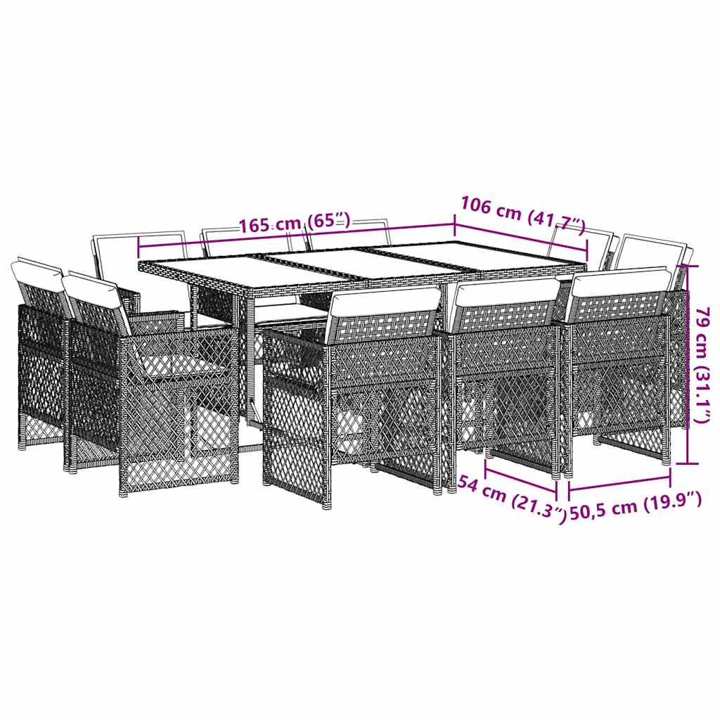 Set Pranzo Giardino 11pz con Cuscini Grigio Chiaro Polyrattan