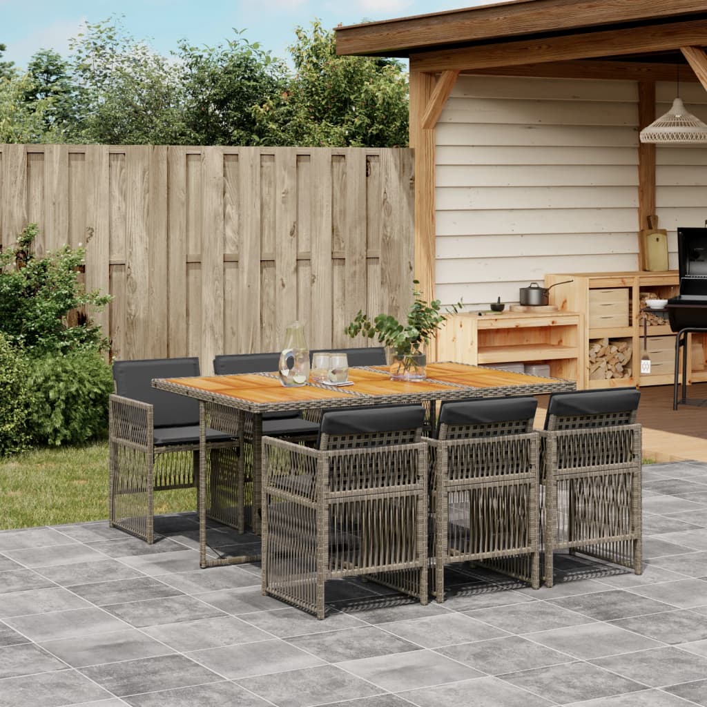 Set da Pranzo da Giardino 7 pz con Cuscini in Polyrattan Grigio