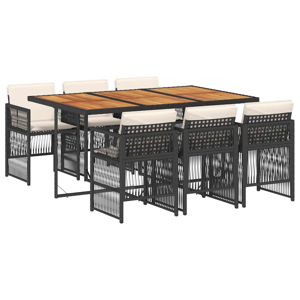 Set da Pranzo da Giardino 7 pz Nero con Cuscini in Polyrattan