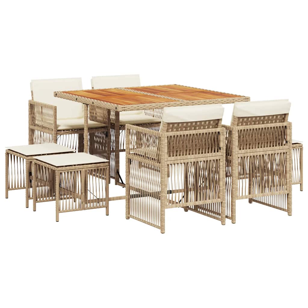 Set da Pranzo da Giardino 9 pz con Cuscini Beige in Polyrattan