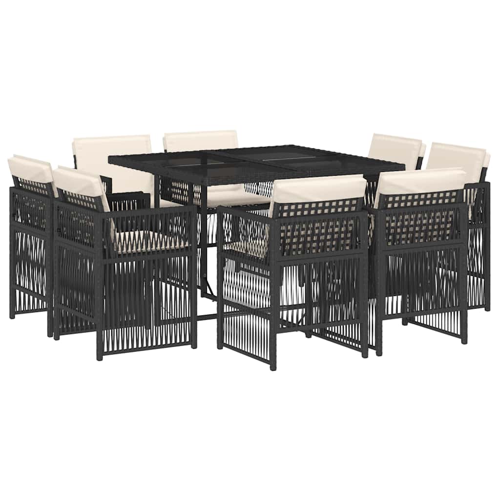 Set da Pranzo da Giardino 9 pz con Cuscini Nero in Polyrattan