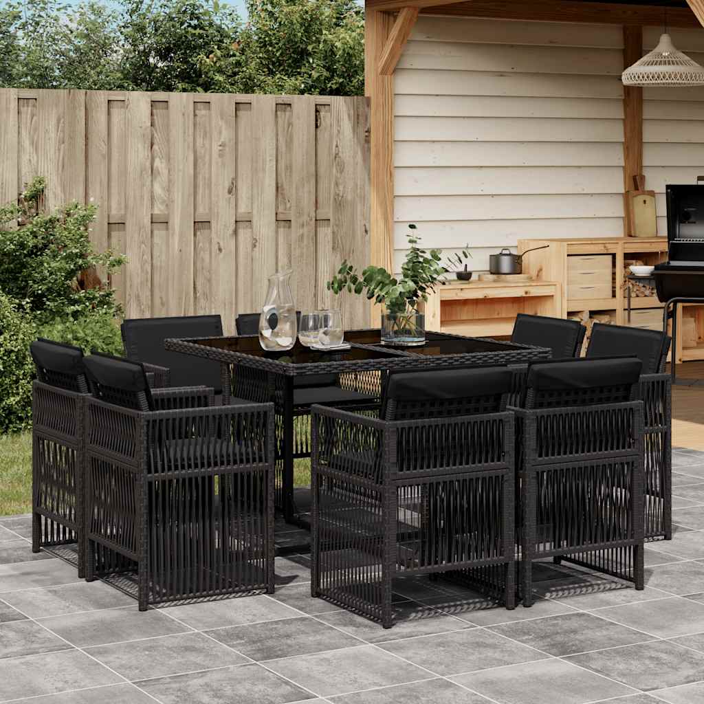 Set da Pranzo da Giardino 9 pz con Cuscini Nero in Polyrattan